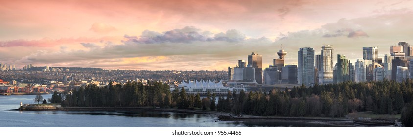 Vancouver BC City Skyline And Stanley Park Along Burrard Inlet Panorama