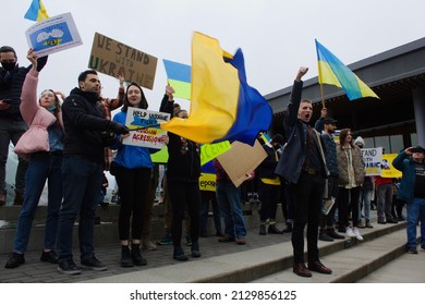 Vancouver, BC - February 26th, 2022: Protest And March Against Russia's Invasion Of Ukraine; News  Breaks To Crowd That Russia Is Set To Be Removed From SWIFT Global Payment System