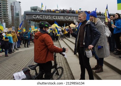 Vancouver, BC - February 26th, 2022: Protest And March Against Russia's Invasion Of Ukraine; News  Breaks To Crowd That Russia Is Set To Be Removed From SWIFT Global Payment System