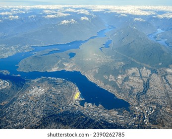 Vancouver, BC - November 16, 2023: Aerial views of Burrard Inlet and Indian Arm in the BC Lower Mainland
					