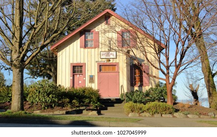 VANCOUVER, BC/Canada - February 12, 2018: The Hastings Mill Store Built In 1865 Is The Oldest Building In Vancouver And Serves As A Museum Seen Here At The End Of Alma Street On February 12, 2018.