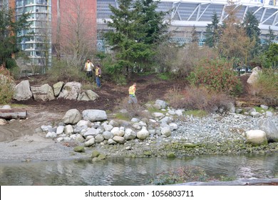 VANCOUVER, BC/Canada - March 27, 2018: Wide Shot As Park Crew Start Landscaping Work On Habitat Island, A Small Land Mass In False Creek In Vancouver, BC, Canada On March 27, 2018.