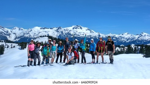 VANCOUVER, BC/CANADA - MAY 22, 2017: Group Of Friends  On The Trail To Elfin Lakes Near Squamish. Snowshoeing In Sea To Summit Area. All People Are Members Of Vancouver Outdoor Club Meetup Group. 