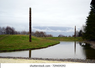 Vancouver, British Columbia, Canada, 2012. Museum Of Anthropology At UBC Designed By Arthur Erickson, Exterior View Of The Garden With Totem Poles