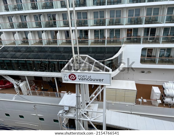 Vancouver, British Columbia, Canada - April 25,\
2022: Cruise ship docked at Canada Place terminal in downtown\
Vancouver. Norwegian Bliss Cruise ship.\
