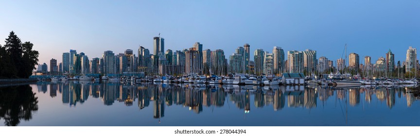 Vancouver British Columbia Canada City Skyline By The Harbor View From Stanley Park Along False Creek At Sunrise Panorama