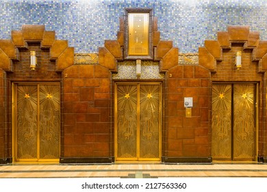 Vancouver, British Columbia, Canada, February 14, 2022 - Magnificent Vintage Carved  Brass Elevator Doors In The 1930 Art Deco Marine Building’s Sumptuous Lobby