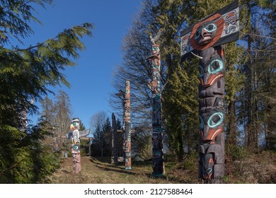 Vancouver, British Columbia, Canada, February 14, 2022 - Totem Poles In The First Nations Art Area Near Brockton Point In Stanley Park