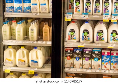 Vancouver, British Columbia / Canada - July 22nd 2018 - The Milk Aisle In A Grocery Store 