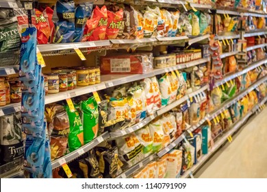 Vancouver, British Columbia / Canada - July 22nd 2018 - The Chip And Junk Food Aisle In A Grocery Store 