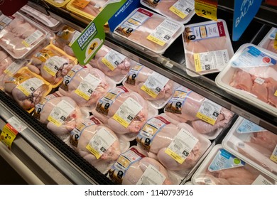 Vancouver, British Columbia / Canada - July 22nd 2018 - Several Chickens In The Meat Aisle In A Grocery Store. 