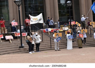 Vancouver, British Columbia, Canada-July 17, 2021:  Demonstration In Front Of The Vancouver Public Library In Support Of The National Unity Government Of Myanmar.