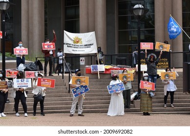 Vancouver, British Columbia, Canada-July 17, 2021:  A Crowd Showing Support In Front Of The Vancouver Public Library For The National Unity Government Of Myanmar.