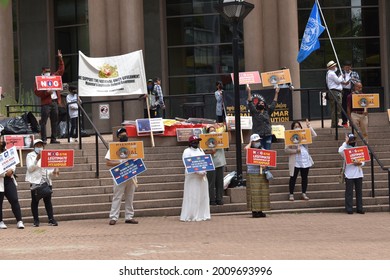 Vancouver, British Columbia, Canada-July 17, 2021:  A Demonstration In Downtown Vancouver At The Public Library In Support Of The National Unity Government Of Myanmar.