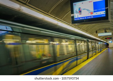 Vancouver British Columbia Canada,March 18,2018.sky Train Waterfront Station Vancouver BC Canada