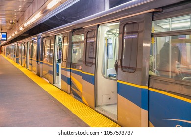 Vancouver British Columbia Canada,March 18,2018.sky Train Waterfront Station Vancouver BC Canada