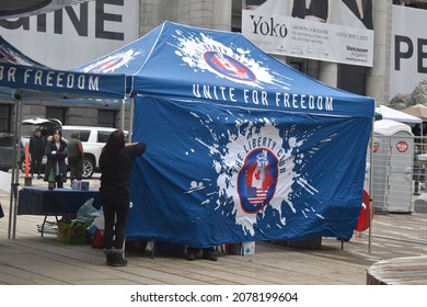 Vancouver, British Columbia, Canada-November 21, 2021: The Liberty Club booth at Fight for Freedom demonstration against covid-19 pandemic restrictions at the Vancouver Art Gallery.