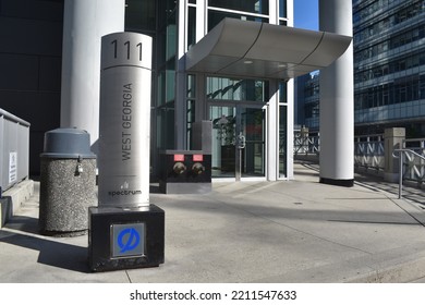 Vancouver, British Columbia, Canada-October 1, 2022:  Entrance To Spectrum 1 Condo Building At 111 Georgia Street West.