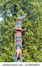 VANCOUVER, BRITISH COLUMBIA - May 1, 2022: Totem Poles Are Monuments Created By First Nations Of The Pacific Northwest To Represent And Commemorate Ancestry, Histories, People, Or Events.