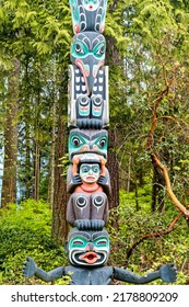 VANCOUVER, BRITISH COLUMBIA - May 1, 2022: Totem Poles Are Monuments Created By First Nations Of The Pacific Northwest To Represent And Commemorate Ancestry, Histories, People, Or Events.