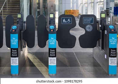 Vancouver, CANADA -  24 May, 2018 : Tap In And Tap Out Point At Fare Gate For Compass Card, Credit And Debit Card. Tap System For Public Transport At Metrotown Station In Vancouver, British Columbia