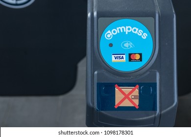 Vancouver, CANADA -  24 May, 2018 : Tap In And Tap Out Point At Fare Gate For Compass Card, Credit And Debit Card. Tap System For Public Transport In Vancouver, British Columbia