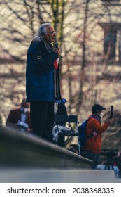 VANCOUVER, CANADA - Apr 12, 2021: A First Nation Chief Speaking At Stop Asian Hate Protest In Vancouver Downtown, Canada