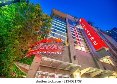 Vancouver, Canada - August 9, 2017: Scotiabank Theater Exterior View At Night