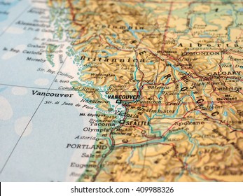 VANCOUVER, CANADA - CIRCA APRIL 2016: Detail of a map of the city with selective focus on town name