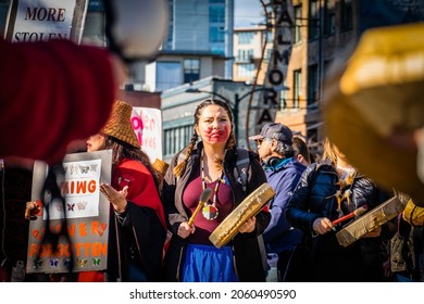 Vancouver, Canada - February. 13, 2019: Thousands march through Vancouver's Downtown Eastside in remembrance of missing and murdered Indigenous women and girls