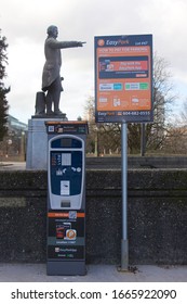 Vancouver, Canada - February 17, 2020: Close Up Shot Of Parking Pay Station At  Vancouver City Hall. Pay By Phone Available.