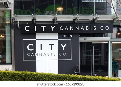Vancouver, Canada - February 17,2020: A view of entrance popular cannabis dispensary store "City Cannabis CO." on Cambie Street in Downtown Vancouver