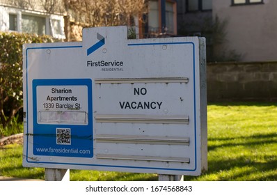 Vancouver, Canada - February 20,2020: A View of notice board on 1339 Barclay Street in West End neighborhood "Apartments for rent. No Vacancy."