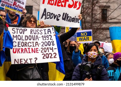 Vancouver, Canada - February 26,2022: View of sign Stop Russia during the rally against invasion of Ukraine in front of Vancouver Art Gallery