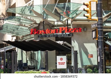 Vancouver, Canada - July 13,2020: View Of Boston Pizza Restaurant On Smithe Street In Downtown Vancouver With Sign 