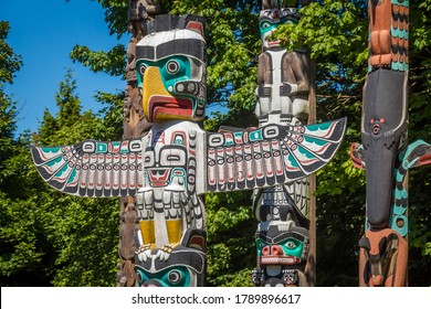 Vancouver, Canada - July 27th 2017: Close up of an eagle themed Totem Pole in Stanley Park, Vancouver, British Columbia, Canada