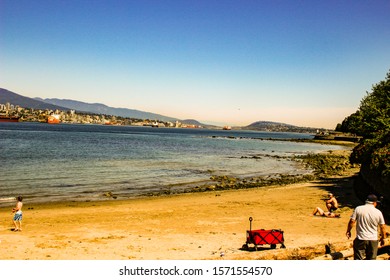 Vancouver Canada, June 18 2018: Editorial Photo Of A Beach On The Sea Walk At Stanley Park. A Nice Family Event.