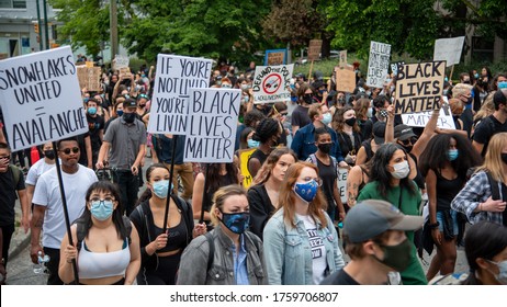 VANCOUVER, Canada - June 19 2020: Black Lives Matter (BLM) Protest And March In Downtown Vancouver To Celebrate Juneteenth Day