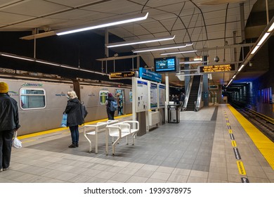 Vancouver, Canada - MAR 10 2021 : The Waterfront Station skytrain Canada Line subway platform.