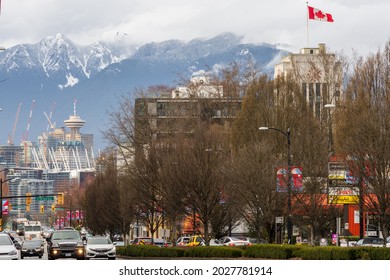 Vancouver, Canada - MAR 20 2021 : Vancouver Downtown Street View Of Cambie Street. British Columbia.