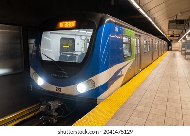 Vancouver, Canada - MAR 30 2021 : Waterfront Station skytrain Canada Line subway platform.
