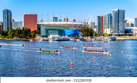 Vancouver, Canada, - May 5, 2018. Dragon Boat Race In False Creek Inlet Under Blue Sky On A Beautiful Spring Day