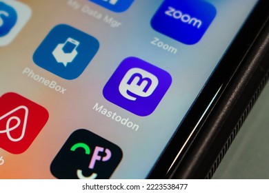 Vancouver, CANADA - Nov 7 2022 : Closeup Mastodon App On An IPhone Screen. Mastodon Is Free Open-source Software For Running Self-hosted Social Networking Services
