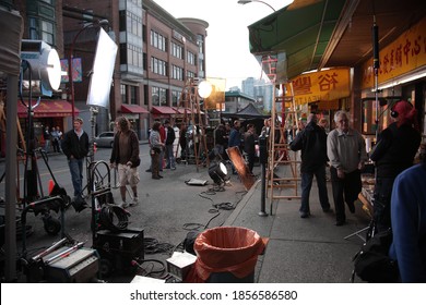 Vancouver, Canada - Oct. 01, 2009: Film crew setting up and filming movie at Vancouver Chinatown, in Vancouver, British Columbia, Canada 