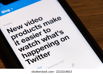 Vancouver, CANADA - Oct 11 2022 : A Blog Post About Twitter’s New Features “Immersive Viewing And Easy Discovery” And “Videos For You” From Twitter Blog Website On An IPhone.