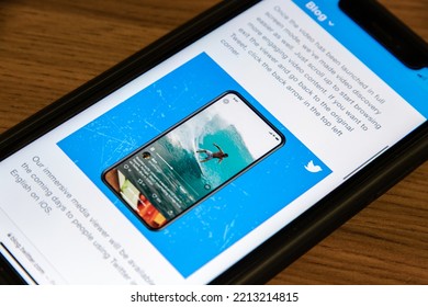 Vancouver, CANADA - Oct 11 2022 : A Blog Post About Twitter’s New Features “Immersive Viewing And Easy Discovery” And “Videos For You” From Twitter Blog Website On An IPhone.