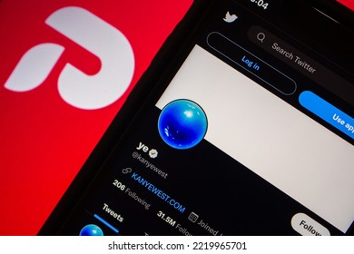 Vancouver, CANADA - Oct 18 2022 : Twitter Account Of Ye (formerly Known As Kanye West) On An IPhone On Free Speech Social Media App Parler Logo Background. Parler Announced That Ye Acquires The Parler