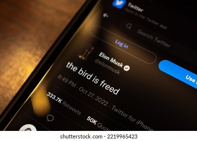 Vancouver, CANADA - Oct 29 2022 : Closeup A Tweet “the Bird Is Freed” By Elon Musk (elonmusk) On Twitter Website On An IPhone. Elon Musk Twitter Takeover Concept Image