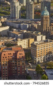 VANCOUVER, CANADA - OCTOBER 2017: Aerial View Of The 1910 Dominion Building And The 1912 Heritage 'World Building' (now 'Sun Tower'), Then Tallest Building In The British Empire At 82 M.