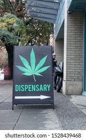 Vancouver, Canada - October 7,2019: A Black sign "Cannabis dispensary" in Downtown Vancouver